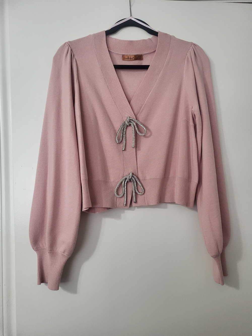 Belldini Dusty Blush V-Neck Rhinestone Bow Faux Tie-Front Cropped Cardigan